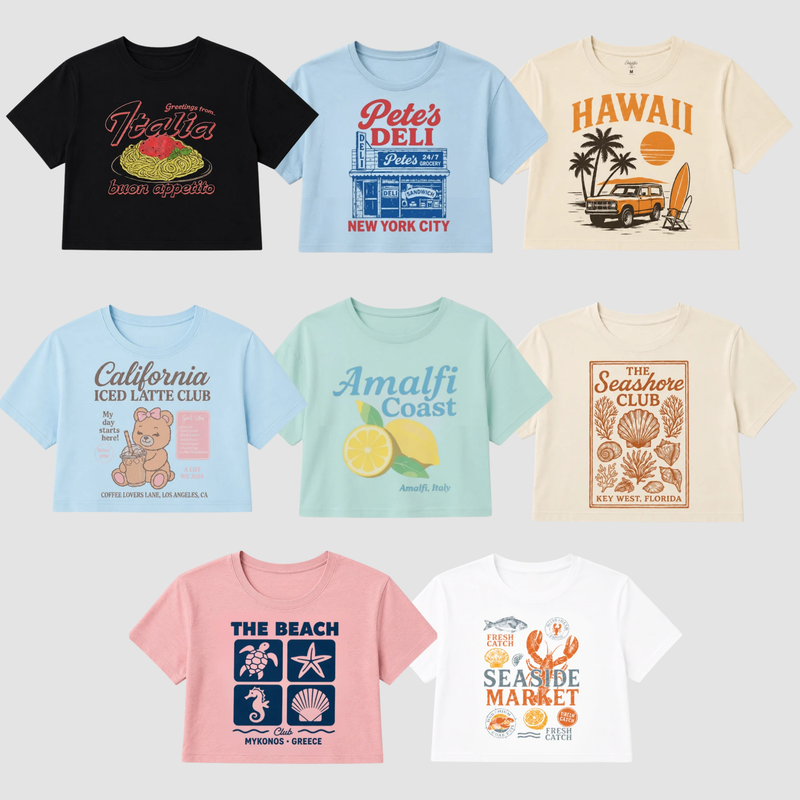 Women’s Graphic Crop Tops – 8 Pack